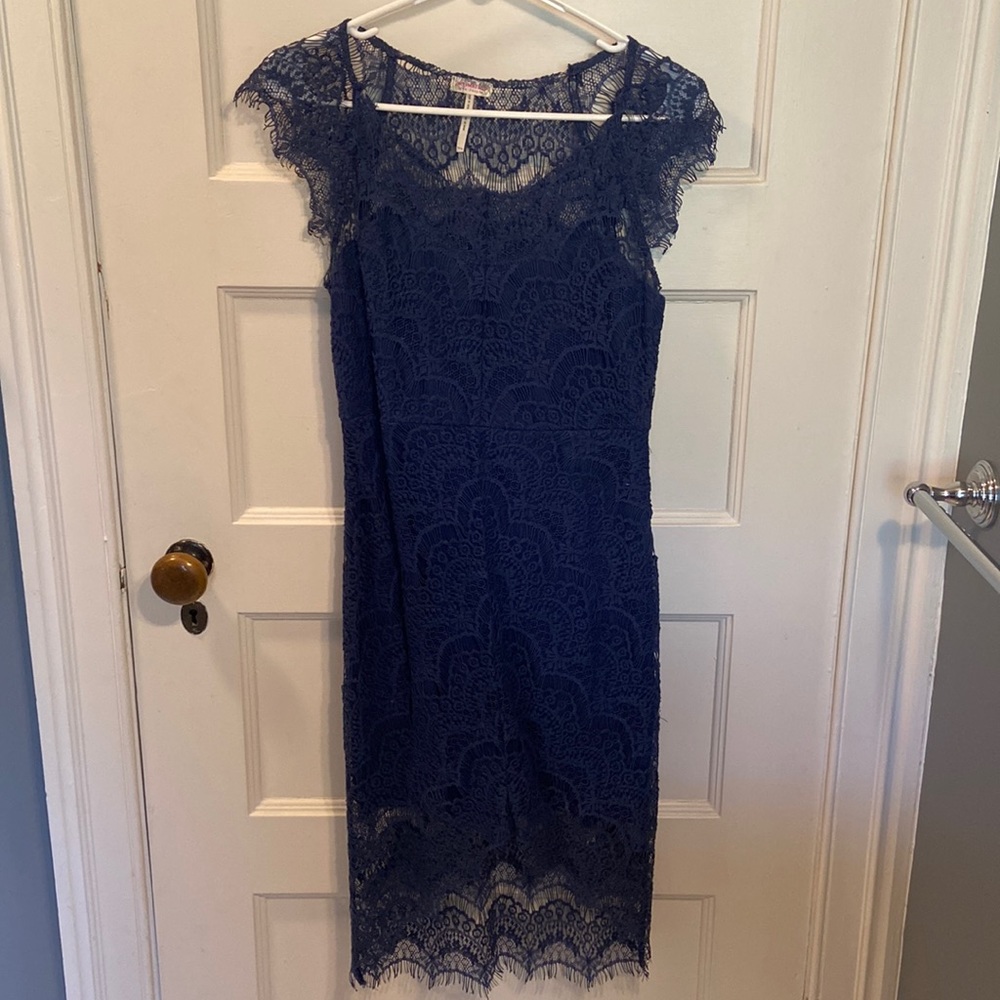 Free People Navy Blue Lace Overlay Mini Dress